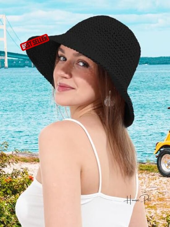 Handmade Crochet Straw Bucket Hat UPF 50+ Sun Protection Foldable Travel Cap main image 7